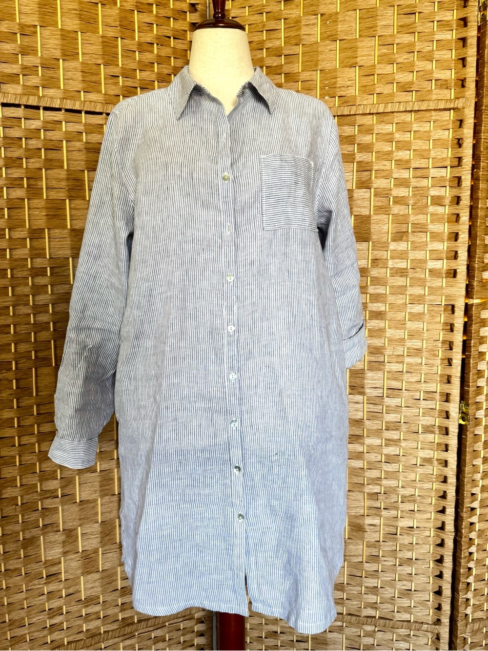 Tahari blue & white stripe linen shirtdress L
